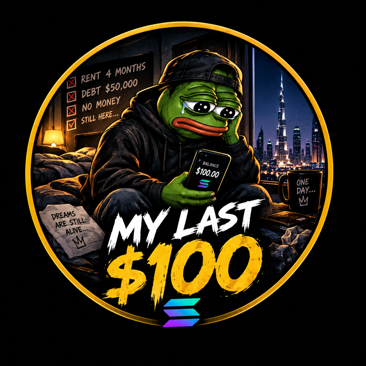 A tired frog holding his last one hundred dollars in front of the Dubai skyline